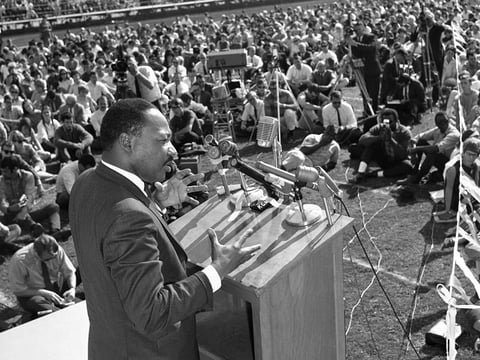 Civil rights leader Martin Luther King addresses students at Sacramento State College on Oct. 16, 1967. 