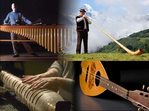 TOP:  Marimba, Alp horn.  BOTTOM: Glass (h)armonica, Neopolitan mandolin.