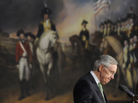 Senate Majority Leader Harry Reid of Nev. pauses while speaking during a ceremony to posthumously present a Congressional Gold Medal to Raoul Wallenberg in honor of his heroism during the Holocaust, Wednesday, July 9, 2014.