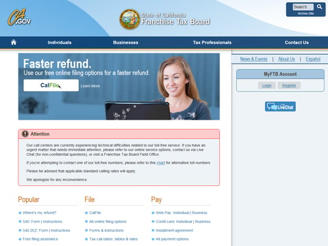 A screenshot of the Franchise Tax Board's website Tuesday morning. The FTB says it fixed its call center issue Monday but did not update its website until Tuesday.