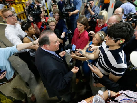 Republican presidential candidate, former Arkansas Gov. Mike Huckabee speaks to the media after touring the Clow Valve plant, Wednesday, May 6, 2015, in Oskaloosa, Iowa.  