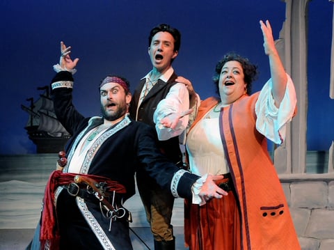 Michael RJ Campbell as the Pirate King, Zak Edwards as Frederic, and Martha Omiyo Kight as Ruth in "The Pirates of Penzance."