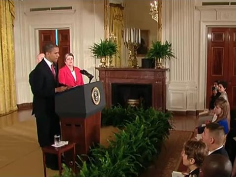 U.S. Homeland Security Secretary Janet Napolitano participates in a naturalization ceremony at the White House with President Obama on Independence Day 2012.