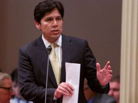 Senate President pro Tem Kevin de León (D-Los Angeles) speaks in support of the Legislature's budget proposal Monday at the state Capitol.