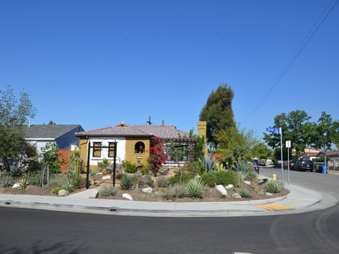 Landscaping along sidewalks on this home on Elmer Ave in Los Angeles is actually a bioswale that captures stormwater.