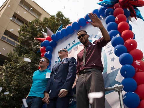 The three honorees in the Hometown Heroes parade, left to right, Alek Skarlatos, Spencer Stone and Anthony Sadler. 
