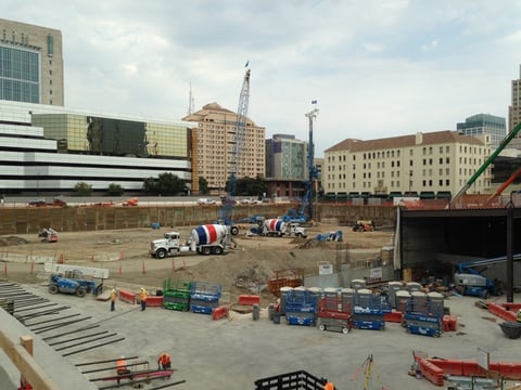 Below-ground pile-driving has begun as the new Downtown Commons 250-room hotel project is underway. Piles are driven into the ground to ensure foundation stability for large construction projects -like 16-story hotels.