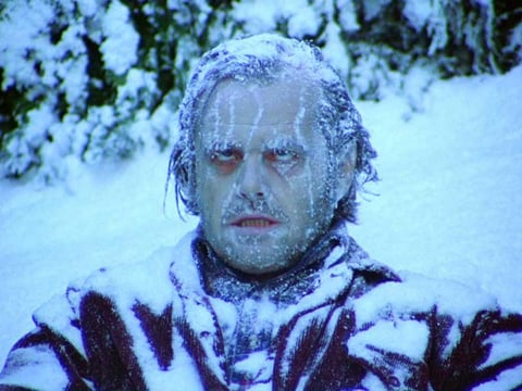 Jack Nicholson in The Shining, which uses the "Dies Irae" theme as underscoring