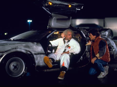 FILE - This file photo provided by Universal Pictures Home Entertainment shows Christopher Lloyd, left, as Dr. Emmett Brown, and Michael J. Fox as Marty McFly in the 1985 film, "Back to the Future." 