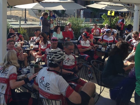 Members of the Cycle Folsom club packed the outdoor patio at Karen's Bakery in Folsom to await the announcement of Amgen Tour Of California 2016 host cities. They were not disappointed.
