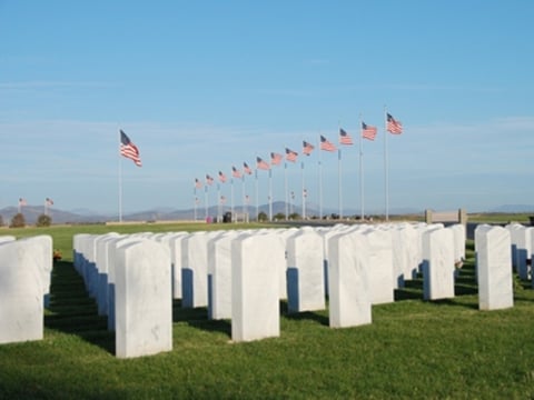 Miramar National Cemetery headstones and flags.