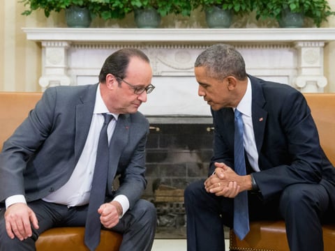 President Barack Obama meets with President Francois Hollande of France in the Oval Office of the White House in Washington, Tuesday, Nov. 24, 2015.