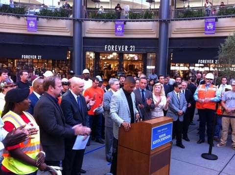 Sacramento Mayor Kevin Johnson speaks at a news conference Wednesday at the Downtown Plaza announcing a project labor agreement for the new Kings arena project.