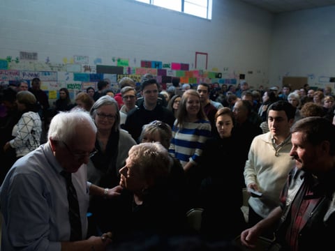 Democratic presidential candidate, Sen. Bernie Sanders, I-Vt. greets members of the audience after speaking at Northstar Elementary School in Knoxville, Iowa, Thursday, Dec. 31, 2015.