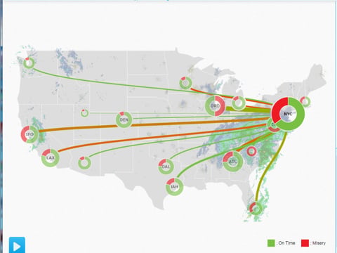Screengrab of map from FlightAware showing on time, delayed and cancelled flights in the past four hours.