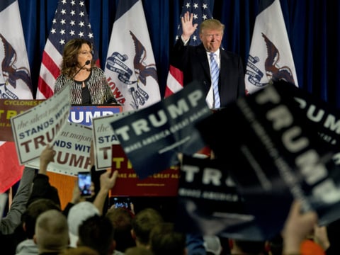 Former Alaska Gov. Sarah Palin, left, endorses Republican presidential candidate Donald Trump during a rally at the Iowa State University, Tuesday, Jan. 19, 2016, in Ames, Iowa.