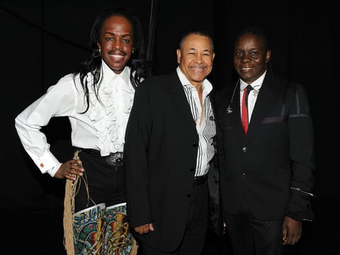 Verdine White (L), Philip Bailey (C) and Maurice White of Earth, Wind & Fire backstage at the Justin Timberlake and Friends Old School Jam, at Planet Hollywood Resort & Casino on October 1, 2011 in Las Vegas, Nevada.