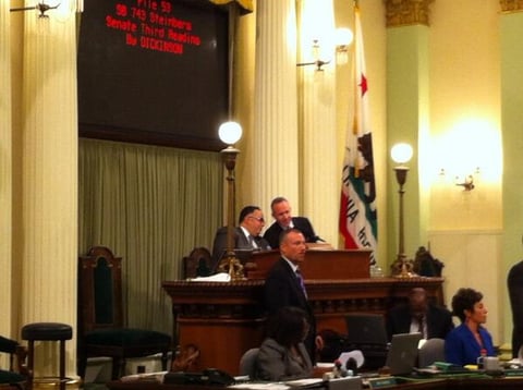 Senate President pro Tem Darrell Steinberg (D-Sacramento) watches the Assembly debate his bill Thursday afternoon as Speaker John Perez (D-Los Angeles) presides over session.