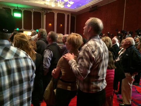 Karen and Casey Clark of Reno watch Sen. Marco Rubio speak Monday at the Peppermill.