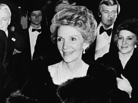 First Lady-to-be Nancy Reagan arrives in formal tire for the Inaugural Gala, Monday, Jan. 19, 1981, Landover, Md.
