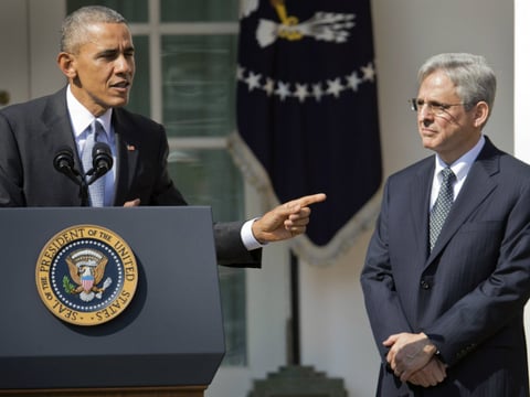 Federal appeals court judge Merrick Garland, stands with President Barack Obama as he is introduced as Obama's nominee for the Supreme Court during an announcement in the Rose Garden of the White House, in Washington, Wednesday, March 16, 2016. 