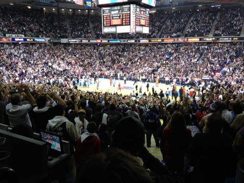 The Sacramento Kings celebrate after beating the Oklahoma City Thunder in the final home game at Sleep Train Arena.