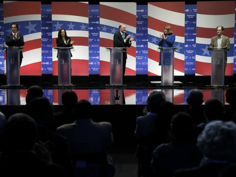 Candidates for California's U.S. Senate seat applaud on stage before a U.S. Senate debate at The University of the Pacific in Stockton, Calif., Monday, April 25, 2016. 
