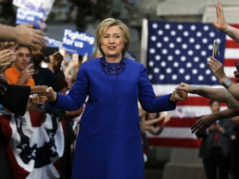 Democratic presidential candidate Hillary Clinton arrives for a during a campaign stop, Monday, April 25, 2016, at City Hall in Philadelphia.