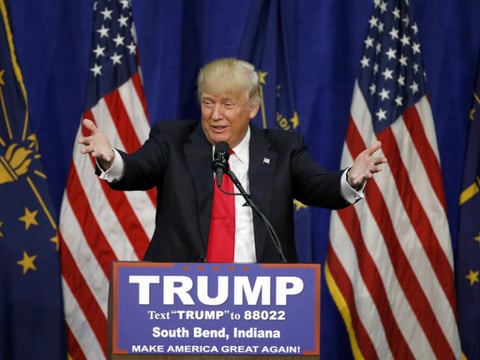 Republican presidential candidate Donald Trump speaks during a campaign stop Monday, May 2, 2016, in South Bend, Ind.
