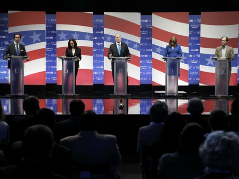 Candidates for California's U.S. Senate seat applaud on stage before a U.S. Senate debate at The University of the Pacific in Stockton, Calif., Monday, April 25, 2016.  