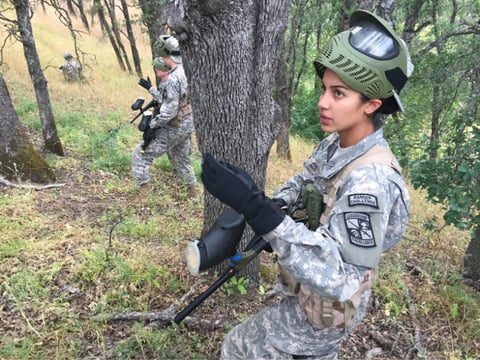Third year cadet Pauline Ovalle, 22, explains her strategy to a supervisor on May 6, 2016. The Reserve Officers' Training Corps holds a weekend-long field exercise every year to prepare cadets for a summer camp in Fort Knox, Kentucky. 