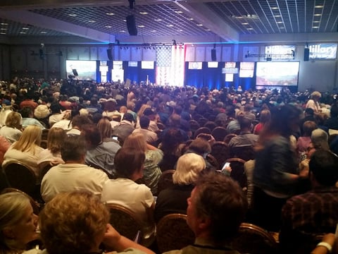 Thousands of people gather at the Paris casino in Las Vegas for the Nevada State Democratic Convention on Saturday, May 14, 2016. They are picking delegates to send to the national convention in July. 