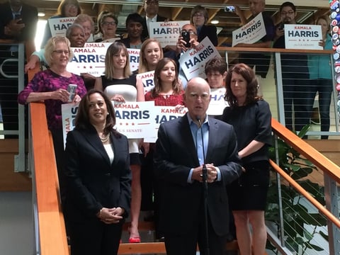 Gov. Jerry Brown endorses Attorney General Kamala Harris (left) for California's open U.S. Senate seat Monday, May 23, 2016, at the California Democratic Party Headquarters in Sacramento.