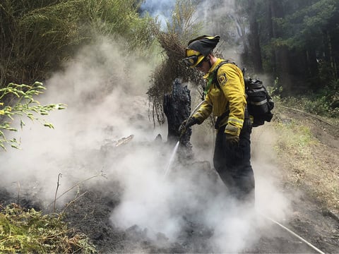 Novato Fire District firefighter Kyle Marshall sprays a spot while fighting fires in Big Sur, Calif., Friday, July 29, 2016.