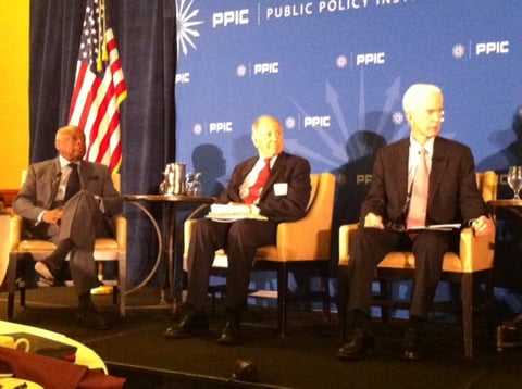 Former Assembly Speaker Willie Brown, former California Chief Justice Ronald George and former Governor Gray Davis discuss the state's initiative process at a Public Policy Institute of California panel Thursday in Sacramento.