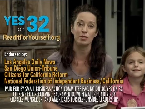 A "No on Prop 32" TV ad paid for by the Small Business Action Committee in the Fall 2012 campaign.