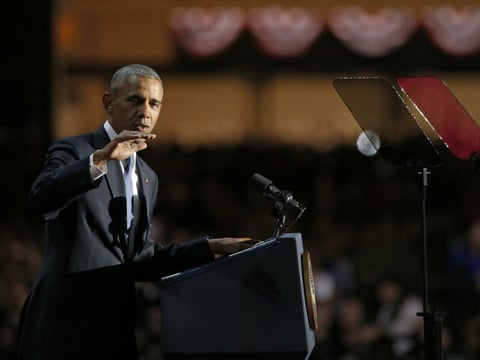 President Barack Obama speaks at McCormick Place in Chicago, Tuesday, Jan. 10, 2017, giving his presidential farewell address. 