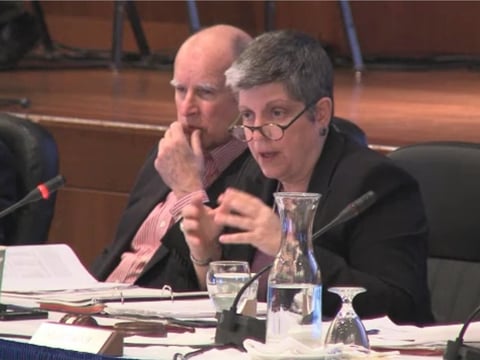 Calif. Gov. Jerry Brown and University of California President Janet Napolitano at Wednesday's Board of Regents meeting in San Francisco.
