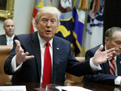 President Donald Trump speaks during a meeting with House Republicans in the Roosevelt Room of the White House in Washington, Thursday, Feb. 16, 2017.

