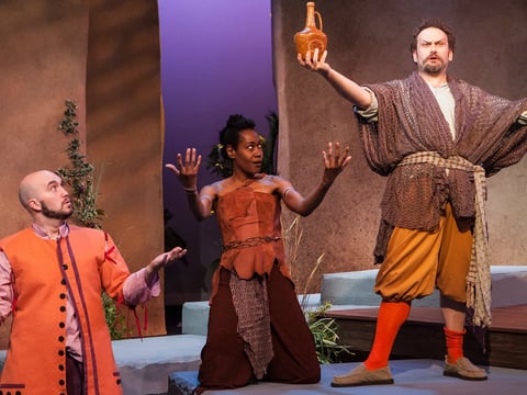 Jake Mahler as Trinculo, Atim Udoffia as Caliban, and Michael RJ Campbell as Stephano