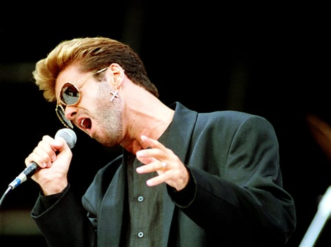 British singer George Michael performs at Rockfest in June 1988 at Wembley Stadium in London. An estimated 70,000 fans packed the venue for the 10-hour concert in honor of the jailed black South African ANC leader Nelson Mandela.