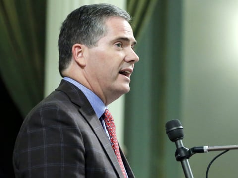 FILE - In this this Aug. 15, 2016 file photo Assemblyman David Hadley, R-Manhattan Beach, speaks at the Capitol in Sacramento, Calif.