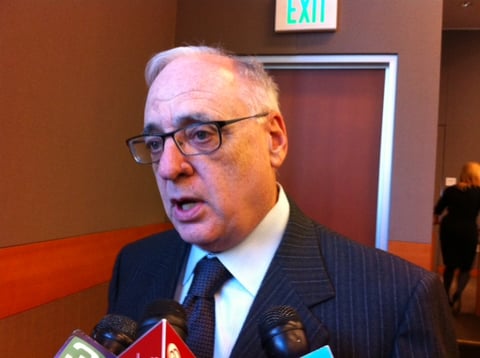 California High-Speed Rail Authority Board Chair Dan Richard answers questions from reporters at a board meeting Thursday in Sacramento.