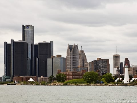 The skyline of Detroit, Michigan. 