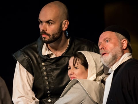 Brandon Lancaster as John Proctor, Janey Pintar as Mary Warren, Don Hayden as Deputy-Govenor Danforth in "The Crucible"