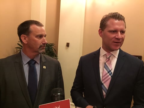 Assembly Republican Leader-elect Brian Dahle and outgoing Assembly Republican Leader Chad Mayes speak with reporters after Dahle's election by the Assembly GOP caucus on Thursday, August 24, 2017.