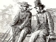 Writer and illustrator J. Ross Browne holds tight as Charley Parkhurst drives the stage.

