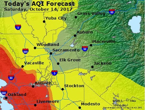 The October 14 forecast map from the Environmental Protection Agency shows the air quality is expected to be "moderate" (shown in yellow) in much of the Sacramento region.