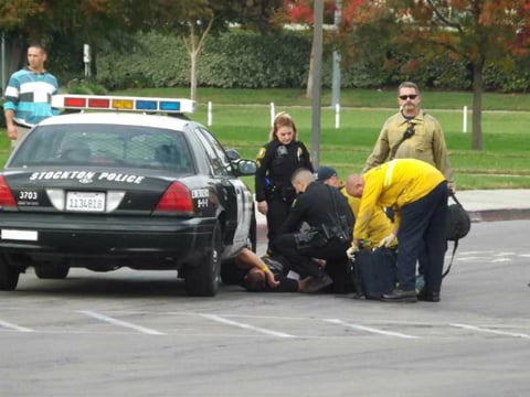 Police officers participate in an active shooter simulation at Bear Creek High School in Stockton Nov. 15, 2017.