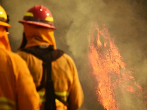 In this photo provided by the Santa Barbara County Fire Department, firefighters keep an eye on flames as pockets of unburned vegetation flare up off Bella Vista Dr. in Montecito, Calif., Wednesday, Dec. 13, 2017